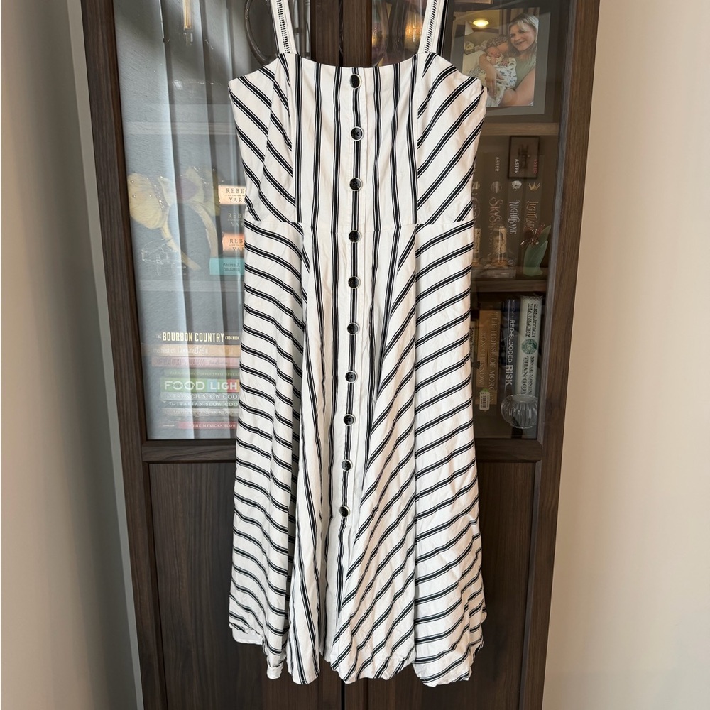 White House Black Market White Dress with Black Stripes and Contrast Buttons